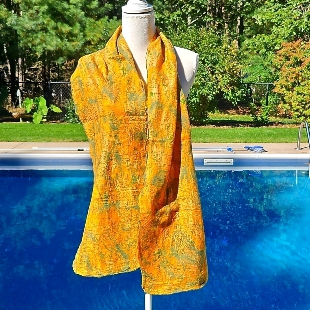 Scarf Handcrafted Wool and Silk New 69x12"  Fall Oranges Green Unique